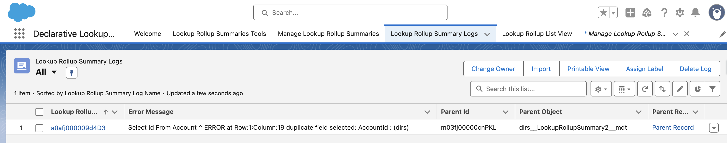 Lookup Rollup Summary Logs tab example