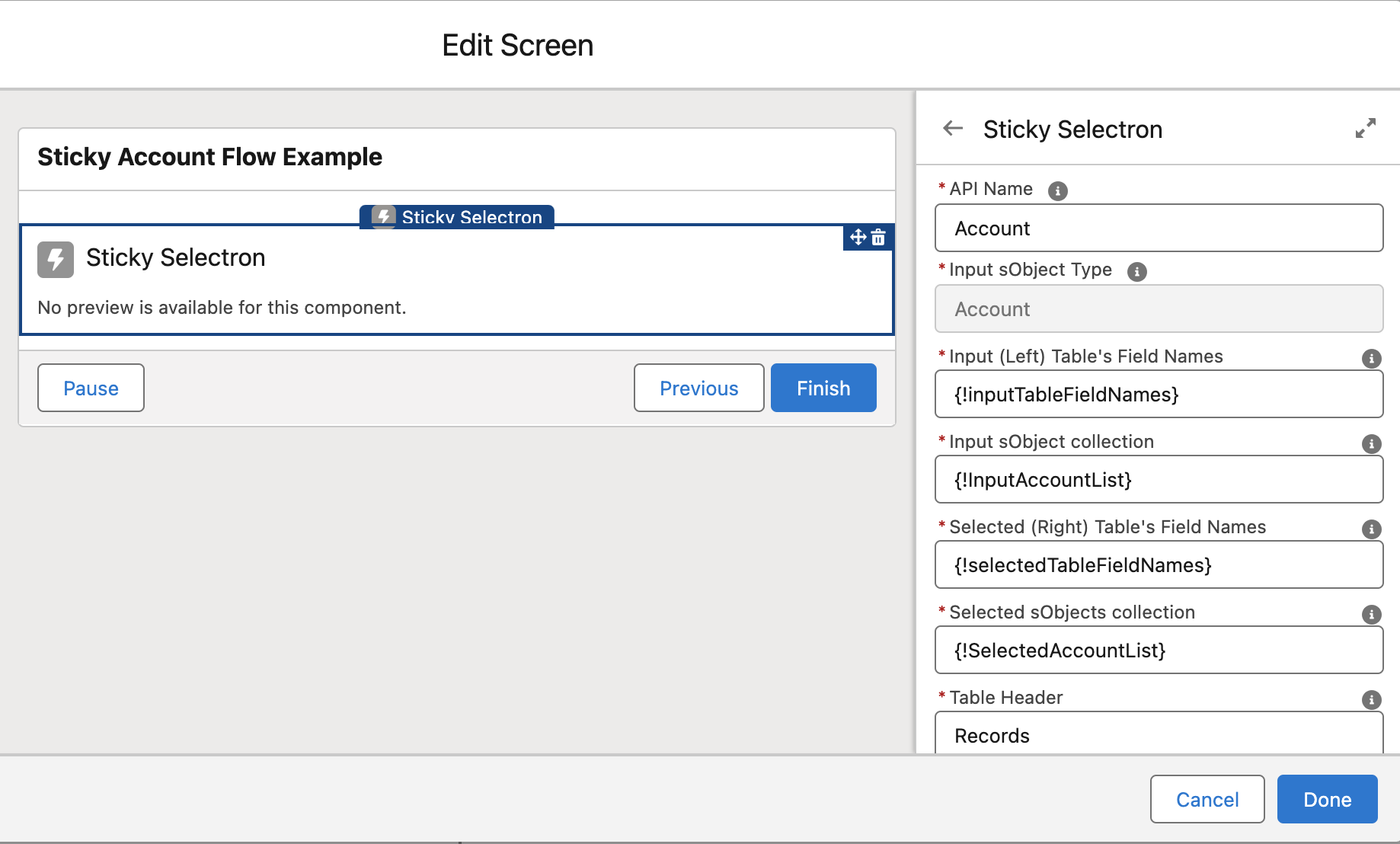 Sticky Selectron Sample Account Flow configuration