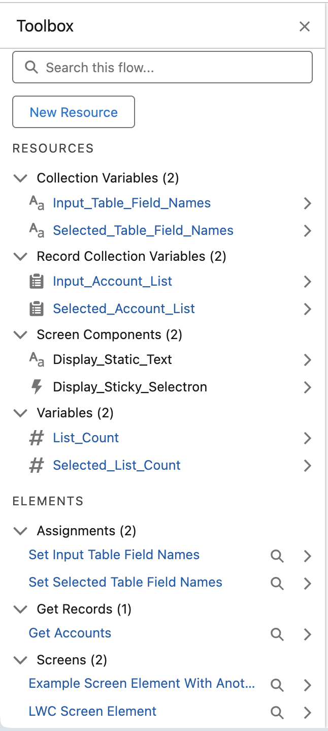 Sample Account Flow Resources and Elements