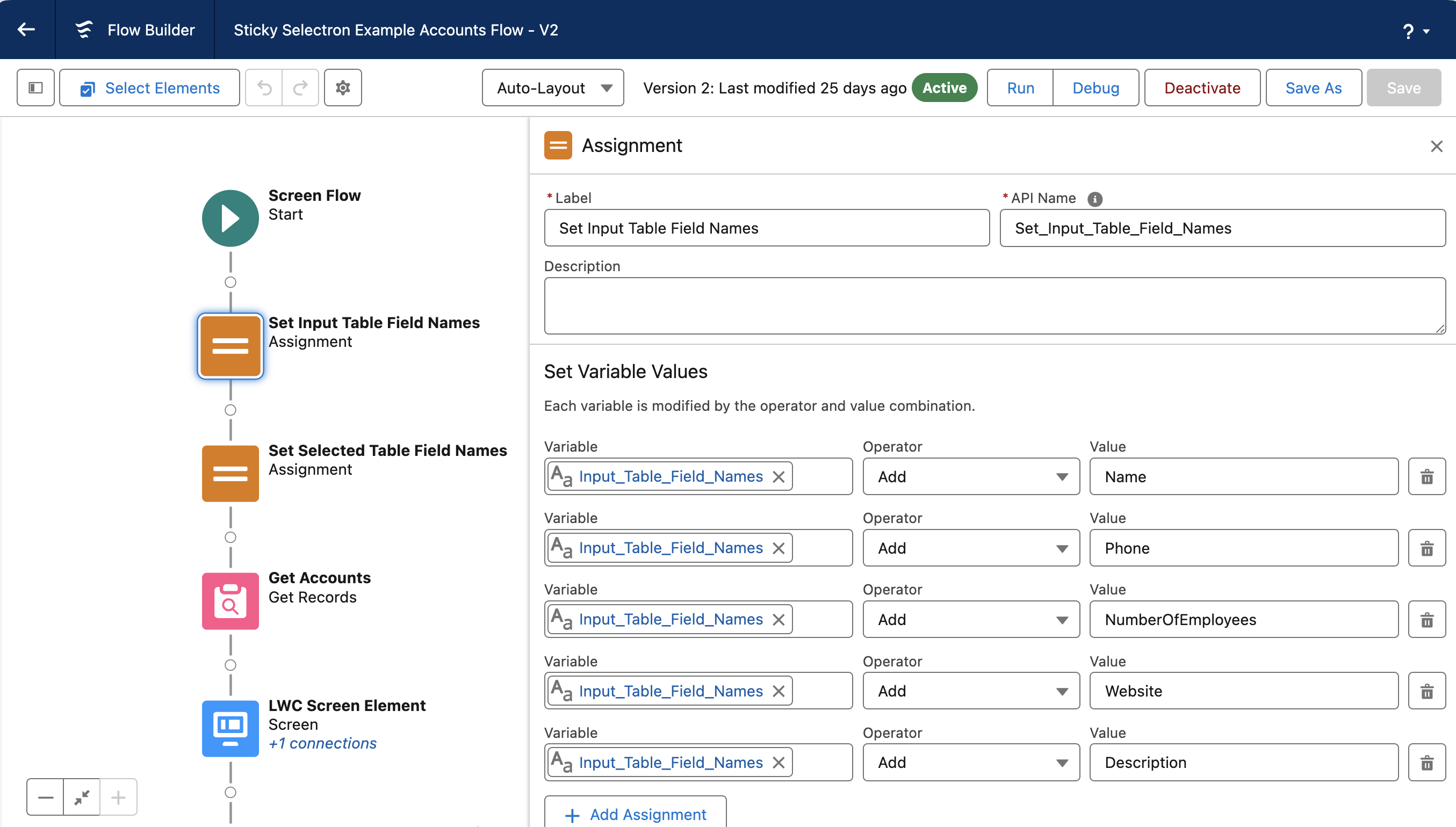 Sticky Selectron Set Input Table Field Names Screenshot