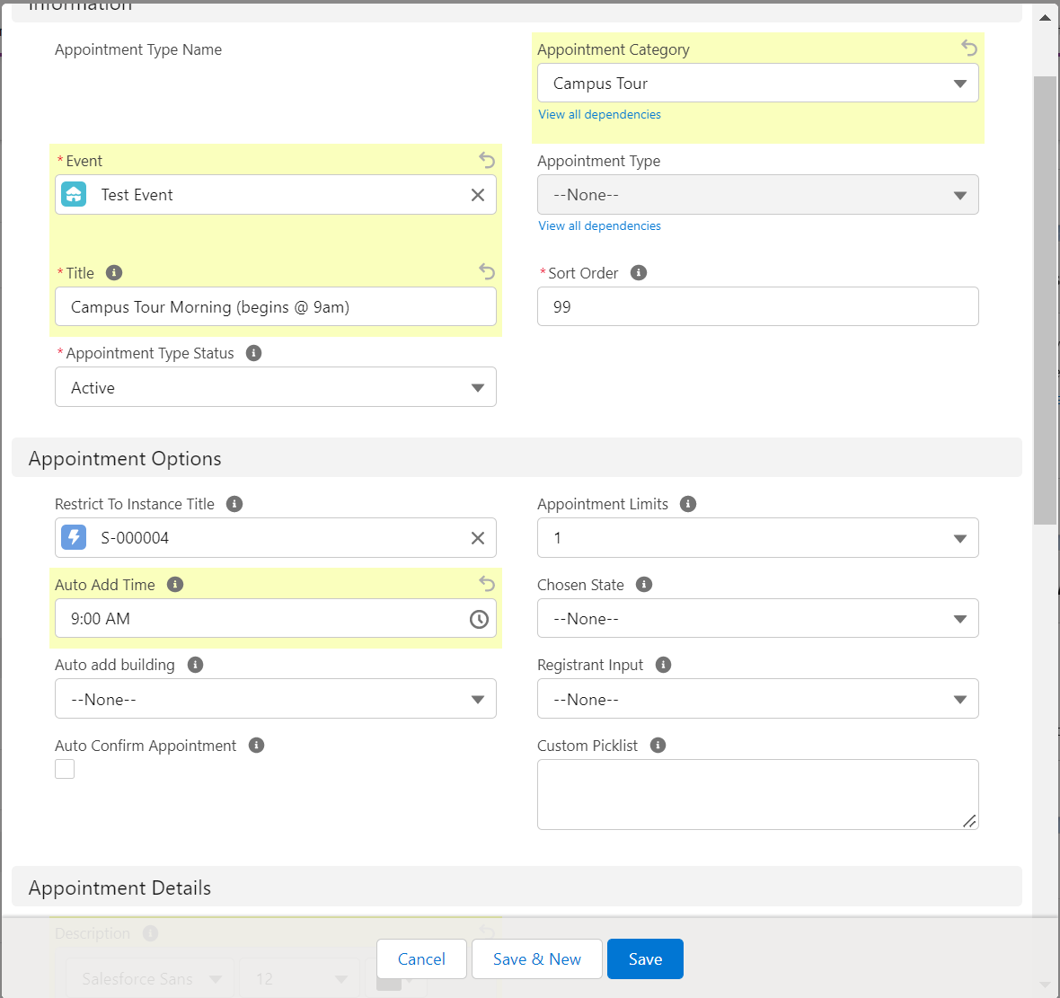 Create Event Appointment Type Record_Screen